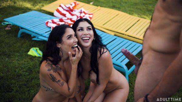 Nude babes share dick in backyard FFM scenes and swallow cum togther - xbabe.com on systemporn.com