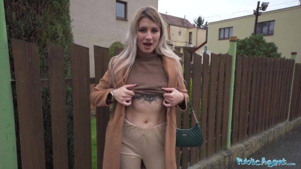 Blonde Marsianna Amoon flashes her small tits in public and takes money for the best bareback sex - anysex.com on systemporn.com