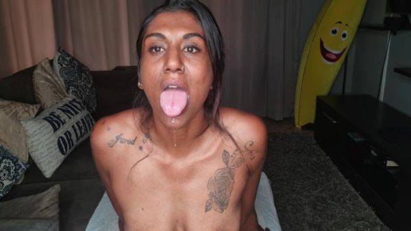 On The Couch - Desi Sits Drooling As She Sticks Out And Wiggles Her Tongue Around - desi-porntube.com on systemporn.com