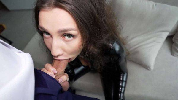 Latex Clad Brunette Secretary Gives Boss a Blowjob - porntry.com on systemporn.com