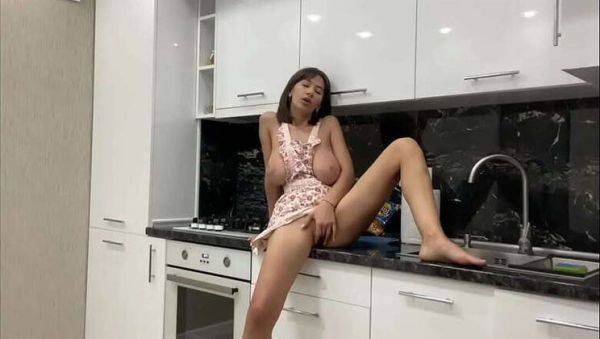 Gorgeous big-titted babe Kitty Kriss pleasures herself in the kitchen, awaiting her lover - veryfreeporn.com on systemporn.com