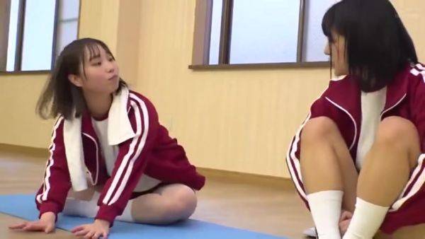 Two beautiful girls in gym clothes lay down a mat and rub and lick the cute breasts of their gymnastics friend - senzuri.tube on systemporn.com