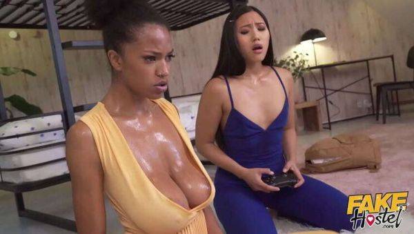 Asian Teen May & Ebony Babe Tina: Intense Gaming Leads to Sweaty Threesome - xxxfiles.com on systemporn.com