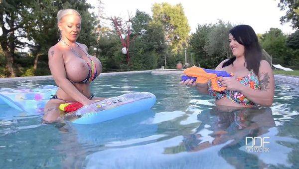 Floating Gazongas: Two British Bombshells With Big Tits In The Pool - porntry.com - Britain on systemporn.com