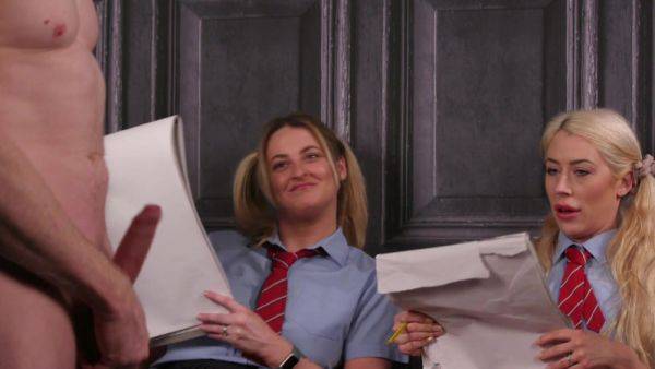 Schoolgirls plan on sharing their teacher's cock in a sexy CFNM trio - hellporno.com on systemporn.com