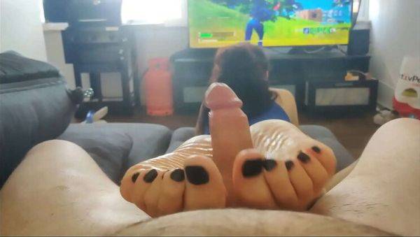 Step Sister Oiled Footjob with Black Toes While Playing Fortnite - Squirting Miss & Hard Rock - porntry.com on systemporn.com