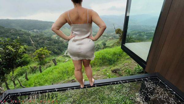 Chubby Secretary Fucks Boss on Balcony in Satin Dress - Outdoor Risky Sex - veryfreeporn.com - Britain on systemporn.com