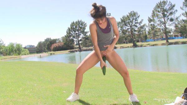 Slender teen shows off pushing a huge cucumber down the pussy in outdoor kinks - hellporno.com on systemporn.com