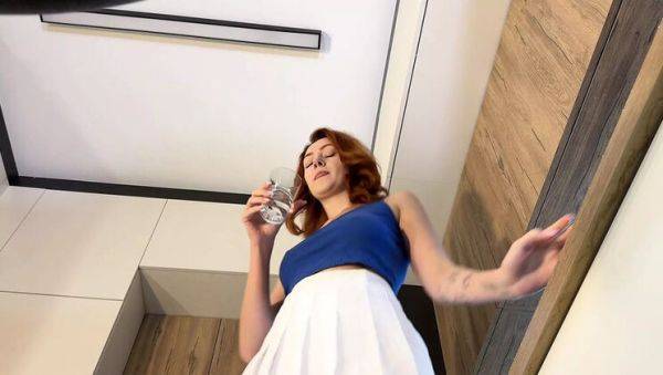 Sexy redhead wife flashes pink panties under white mini skirt before stripping - porntry.com on systemporn.com