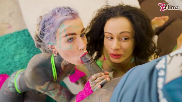 Lily Lu And Stacy Bloom - Big Tits Girl Joins Tattoo Couple For Threesome - Rimming, Bj, Facial - videomanysex.com on systemporn.com