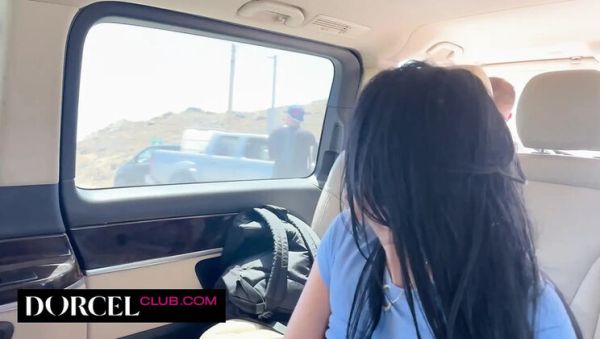 Brunette Big Tits Cowgirl Riding in Car Threesome - Double Blowjob MFM Road Trip Sex - porntry.com - Britain on systemporn.com